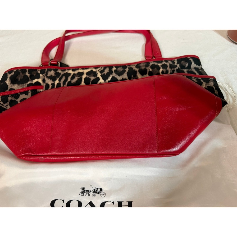 Coach Ocelot Leopard Print Canvas Red Leather Trim Tote Bag Handbag - Picture 3 of 5